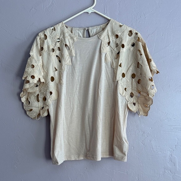 Tops - Elegant Cream Women's Top with Eyelet Sleeves, Size Large